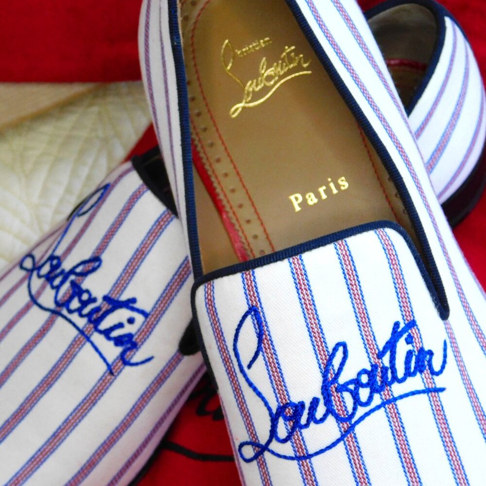 NIB Louboutin Dandelion slip on embroidered loafer Pic Nic stripe toile flat 43 - Picture 1 of 16